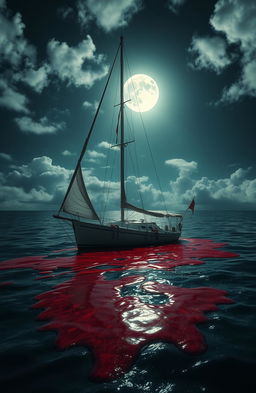 A haunting scene set in the Caribbean ocean on a partly cloudy moonlit night
