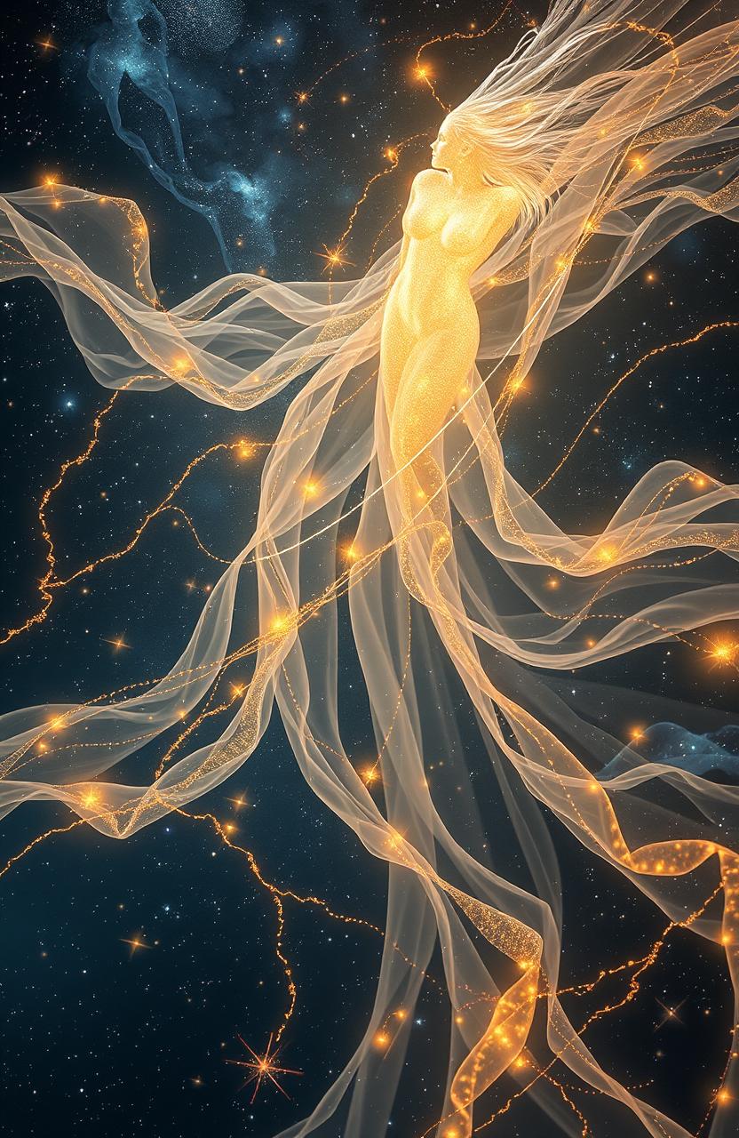 An ethereal representation of the fabric of time and soul, featuring flowing, intricate threads of shimmering gold and silver intertwined with glowing celestial elements