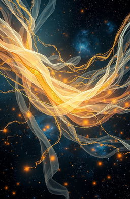 An ethereal representation of the fabric of time and soul, featuring flowing, intricate threads of shimmering gold and silver intertwined with glowing celestial elements