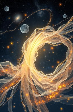 An ethereal representation of the fabric of time and soul, featuring flowing, intricate threads of shimmering gold and silver intertwined with glowing celestial elements