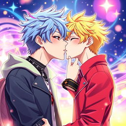 Two male K-pop singers kissing each other in a vibrant animé style