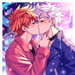 Two male K-pop singers kissing each other in a vibrant animé style