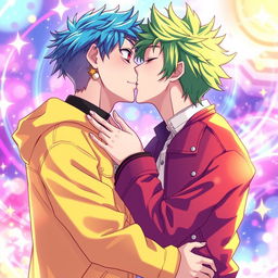 Two male K-pop singers kissing each other in a vibrant animé style