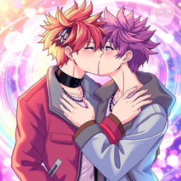 Two male K-pop singers kissing each other in a vibrant animé style