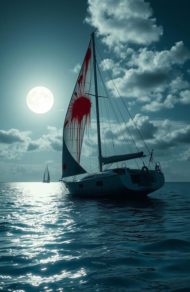 A haunting scene set in the Caribbean Ocean on a partly cloudy moonlit night