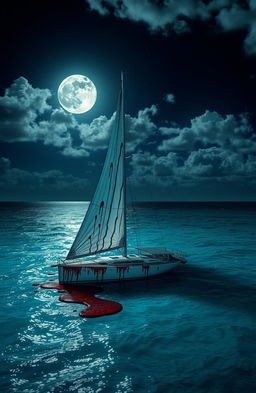 A haunting scene set in the Caribbean Ocean on a partly cloudy moonlit night