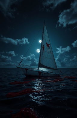 A haunting scene set in the Caribbean Ocean on a partly cloudy moonlit night