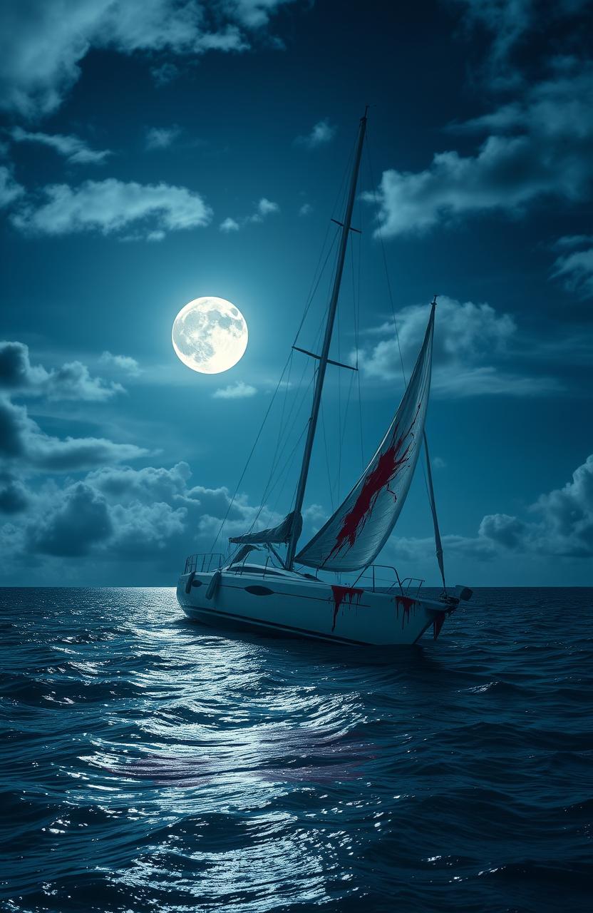 A haunting scene set in the Caribbean Ocean on a partly cloudy moonlit night