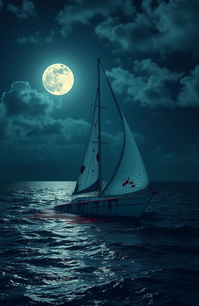 A haunting scene set in the Caribbean Ocean on a partly cloudy moonlit night