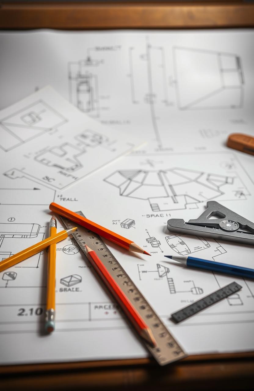 An artistic representation of an engineering drawing tool in a studio setting, featuring a variety of sketching tools like pencils, rulers, and protractors scattered on a drawing board