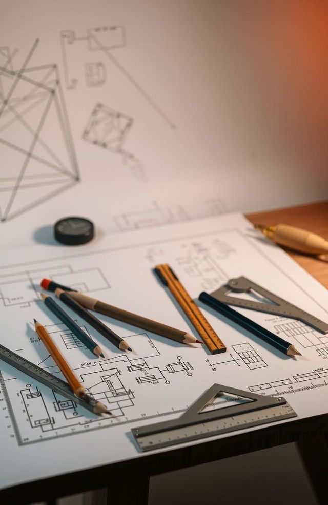 An artistic representation of an engineering drawing tool in a studio setting, featuring a variety of sketching tools like pencils, rulers, and protractors scattered on a drawing board