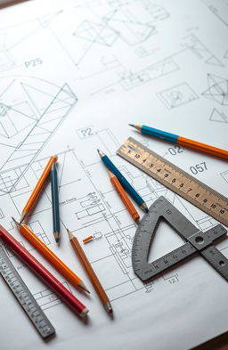 An artistic representation of an engineering drawing tool in a studio setting, featuring a variety of sketching tools like pencils, rulers, and protractors scattered on a drawing board