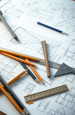 An artistic representation of an engineering drawing tool in a studio setting, featuring a variety of sketching tools like pencils, rulers, and protractors scattered on a drawing board