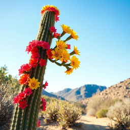 A tall cactus adorned with vibrant flowers, showcasing a beautiful desert landscape in the background