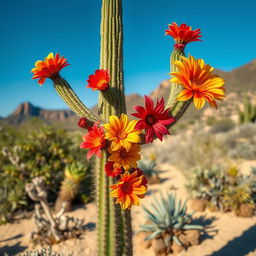A tall cactus adorned with vibrant flowers, showcasing a beautiful desert landscape in the background