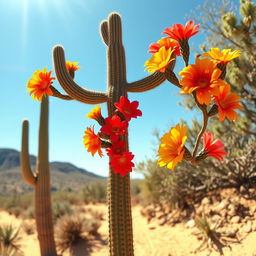 A tall cactus adorned with vibrant flowers, showcasing a beautiful desert landscape in the background