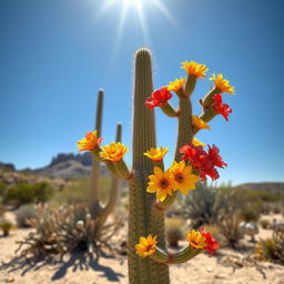 A tall cactus adorned with vibrant flowers, showcasing a beautiful desert landscape in the background