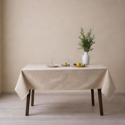 Mesa de comedor completa cubierta de un mantel color beige con fondo minimalista.