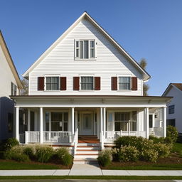 Full view of a two-story white house with a pitched roof and a car porch