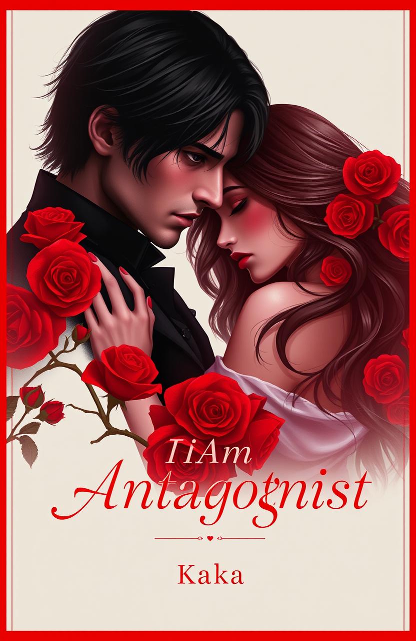 A novel cover for 'I Am Antagonist' featuring a romantic scene between a mysterious man and a woman