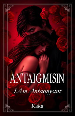 A novel cover for 'I Am Antagonist' featuring a romantic scene between a mysterious man and a woman