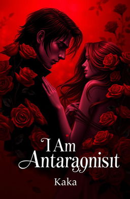 A novel cover for 'I Am Antagonist' featuring a romantic scene between a mysterious man and a woman