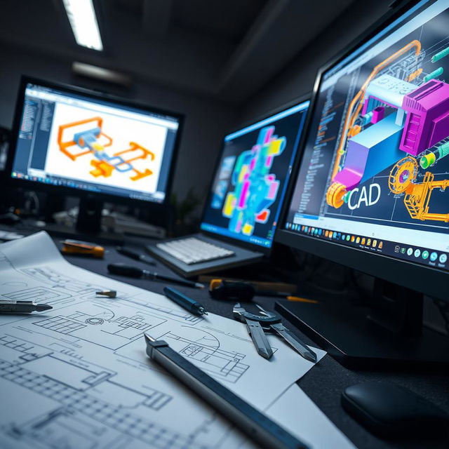 An intricate scene showcasing a mechanical engineering drawing tool alongside a computer screen displaying CAD (Computer-Aided Design) sketches