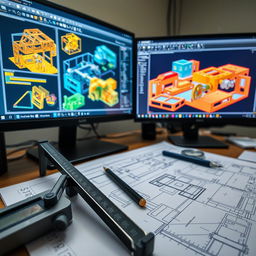 An intricate scene showcasing a mechanical engineering drawing tool alongside a computer screen displaying CAD (Computer-Aided Design) sketches