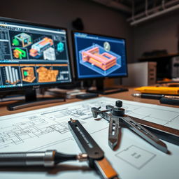 An intricate scene showcasing a mechanical engineering drawing tool alongside a computer screen displaying CAD (Computer-Aided Design) sketches