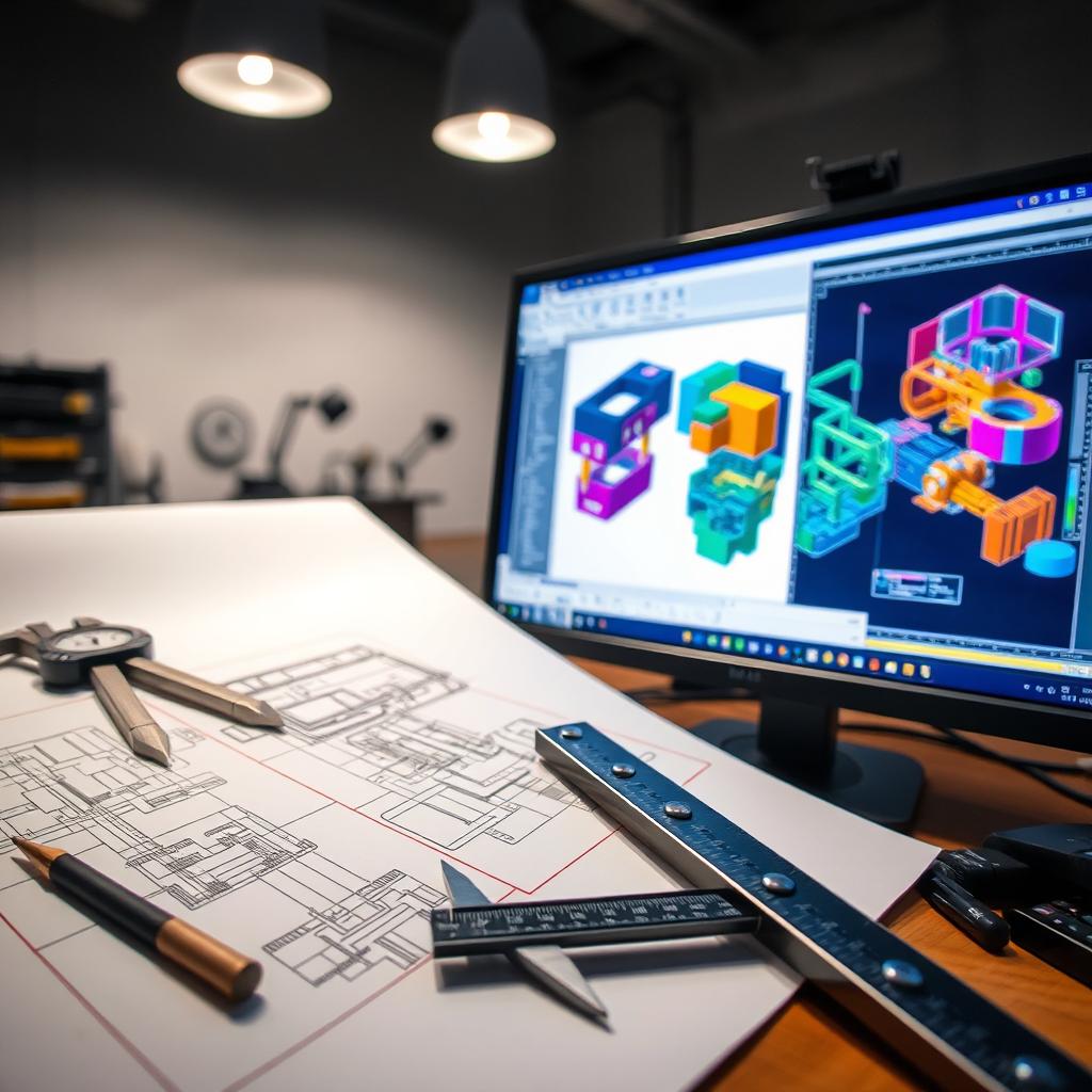 An intricate scene showcasing a mechanical engineering drawing tool alongside a computer screen displaying CAD (Computer-Aided Design) sketches