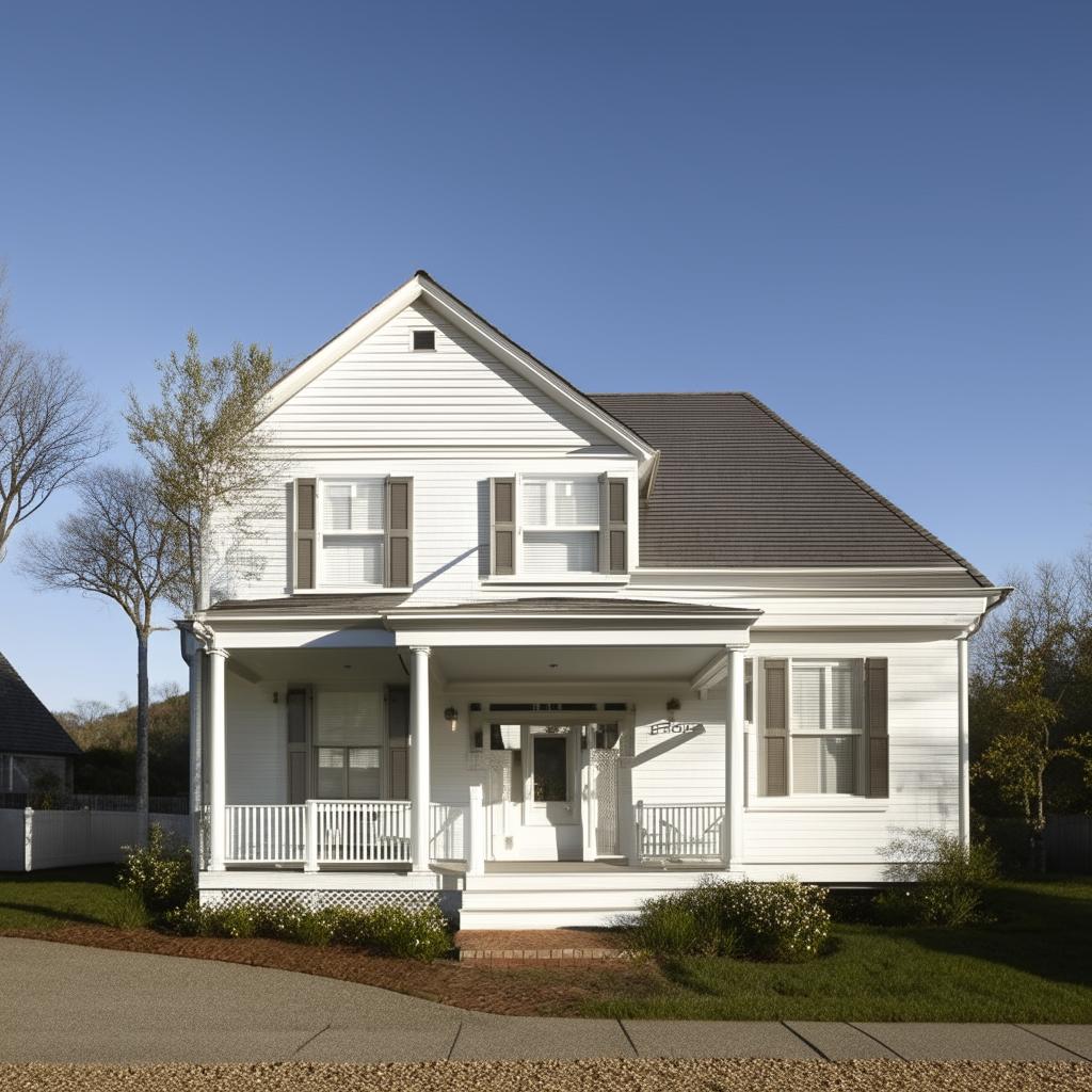 Full view of a two-story white house with a pitched roof and a car porch