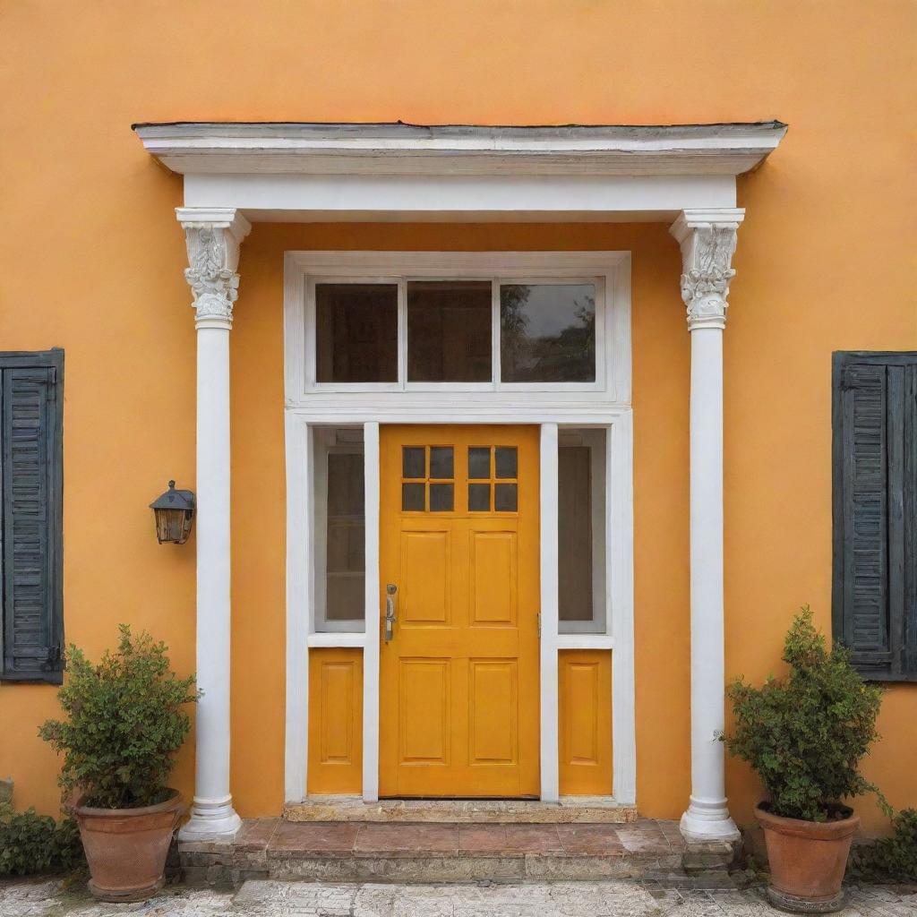 Casa colonial de frente con un portón de madera y dos ventanas, una a la par de la otra, color amarilla y delineada como dibujo, con techo de teja color naranja y una chimenea con cúpula color blanco