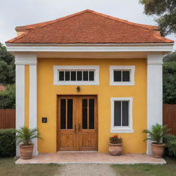 Casa colonial de frente con un portón de madera y dos ventanas, una a la par de la otra, color amarilla y delineada como dibujo, con techo de teja color naranja y una chimenea con cúpula color blanco