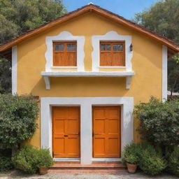 Casa colonial de frente con un portón de madera y dos ventanas, una a la par de la otra, color amarilla y delineada como dibujo, con techo de teja color naranja y una chimenea con cúpula color blanco