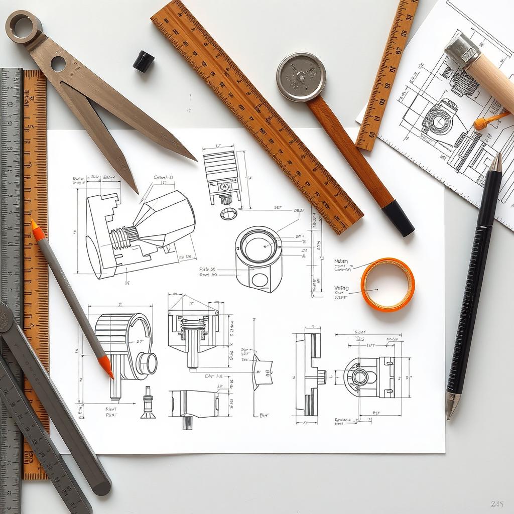 A composite image featuring engineering drawing tools alongside mechanical sketches of various components, particularly highlighting a CAD representation of a piston