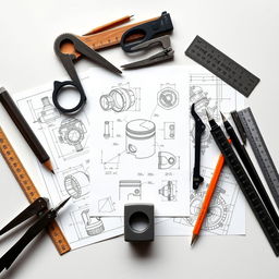 A composite image featuring engineering drawing tools alongside mechanical sketches of various components, particularly highlighting a CAD representation of a piston