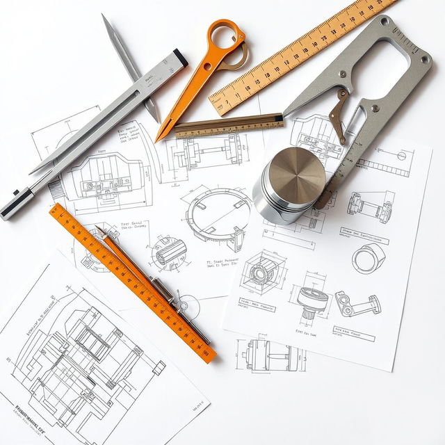 A composite image featuring engineering drawing tools alongside mechanical sketches of various components, particularly highlighting a CAD representation of a piston