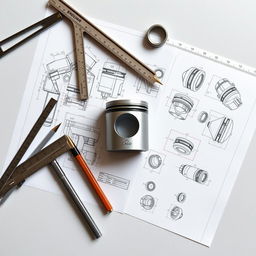 A composite image featuring engineering drawing tools alongside mechanical sketches of various components, particularly highlighting a CAD representation of a piston
