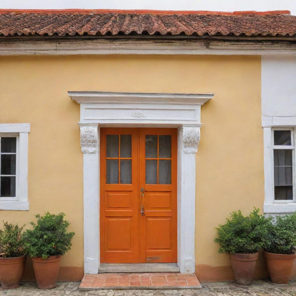 Casa colonial de frente con un portón de madera y dos ventanas, una a la par de la otra, color amarilla y delineada como dibujo, con techo de teja color naranja y una chimenea con cúpula color blanco