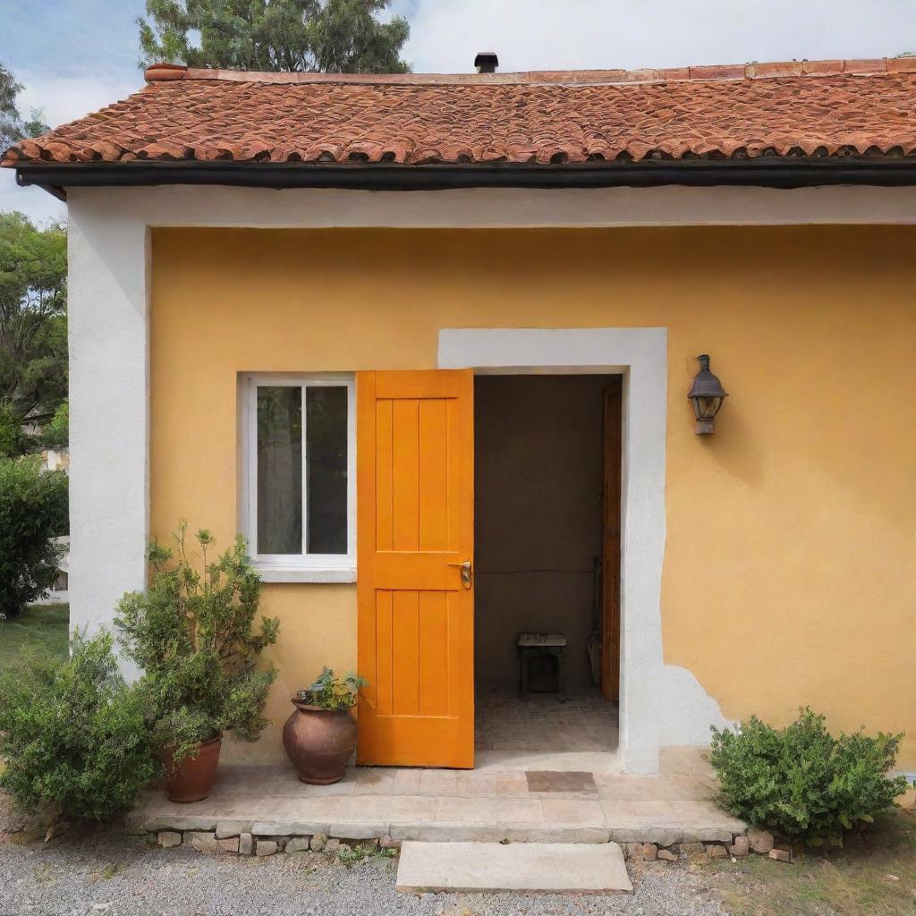 Casa colonial de frente con un portón de madera y dos ventanas, ventana una a la par de la otra, color amarilla y delineada como dibujo, con techo de teja color naranja y una chimenea con cúpula color blanco, en entorno minimalista