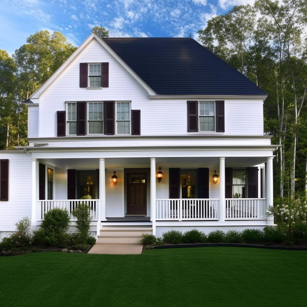 Full view of a two-story white house with a pitched roof and a car porch