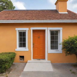 Casa colonial de frente con un portón de madera y dos ventanas, ventana una a la par de la otra, color amarilla y delineada como dibujo, con techo de teja color naranja y una chimenea con cúpula color blanco, en entorno minimalista