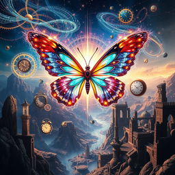 A thrilling science fiction scene depicting time travel with intricate details showcasing the fabric of time unraveling