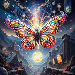 A thrilling science fiction scene depicting time travel with intricate details showcasing the fabric of time unraveling