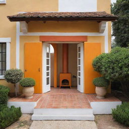 Casa colonial de frente con un portón de madera y dos ventanas, ventana una a la par de la otra, color amarilla y delineada como dibujo, con techo de teja color naranja y una chimenea con cúpula color blanco, en entorno minimalista