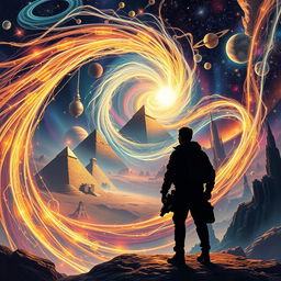 A thrilling science fiction scene illustrating time travel, showcasing the fabric of time as a visually striking and intricate tapestry