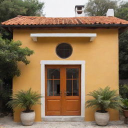 Casa colonial de frente con un portón de madera y dos ventanas, ventana una a la par de la otra, color amarilla y delineada como dibujo, con techo de teja color naranja y una chimenea con cúpula color blanco, en entorno minimalista