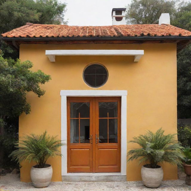 Casa colonial de frente con un portón de madera y dos ventanas, ventana una a la par de la otra, color amarilla y delineada como dibujo, con techo de teja color naranja y una chimenea con cúpula color blanco, en entorno minimalista