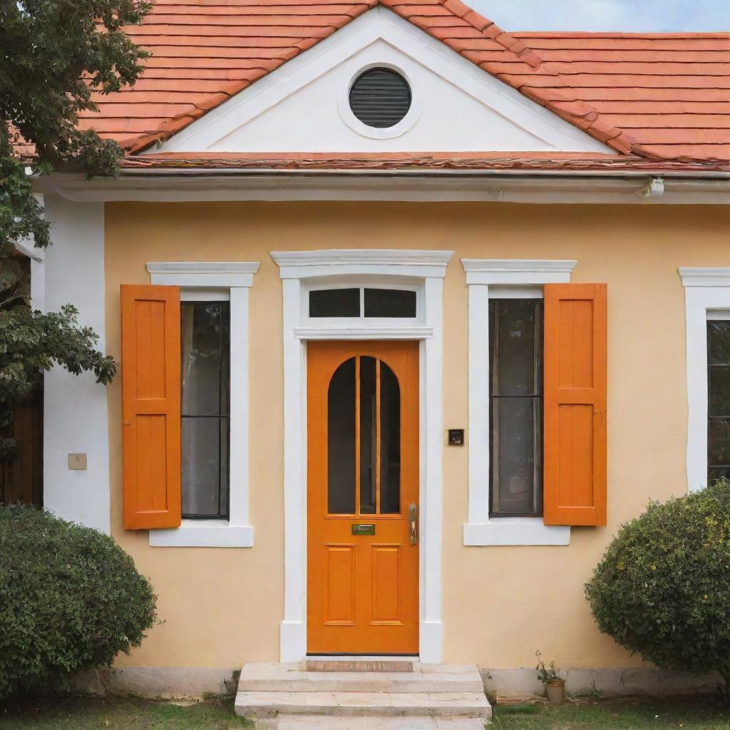 Un dibujo de casa colonial de frente con un portón de madera y dos ventanas, ventana una a la par de la otra, color amarilla y delineada como dibujo, con techo de teja color naranja y una chimenea con cúpula color blanco, en entorno minimalista