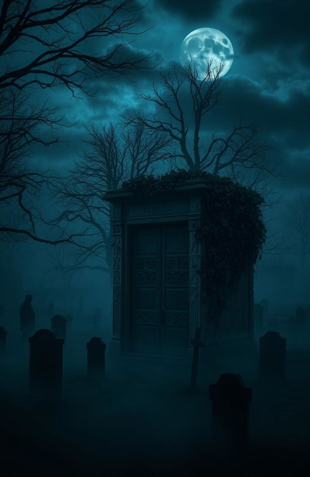 A haunting and atmospheric scene that embodies the theme of death, featuring a misty graveyard at dusk